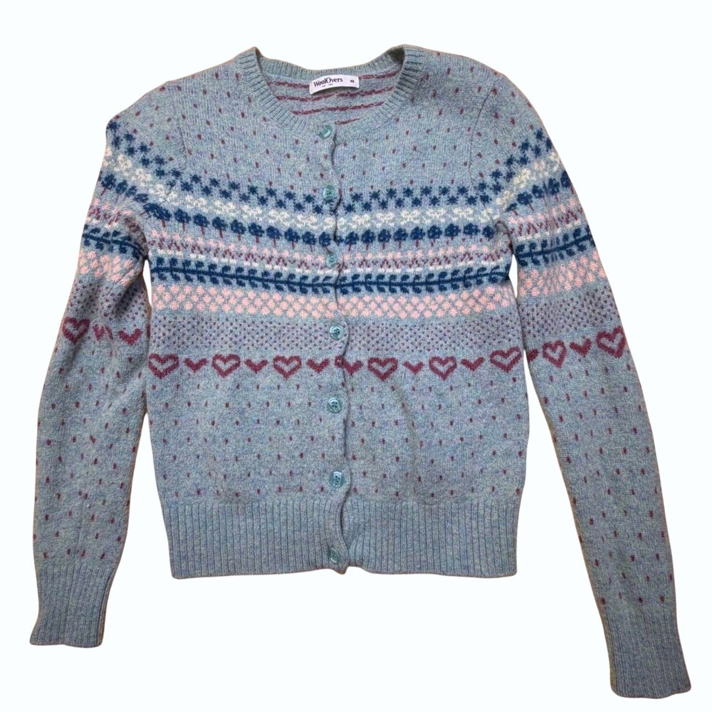 WoolOvers Lambswool Fair Isle Cardigan Gray Blue Women's XS Heart Pattern